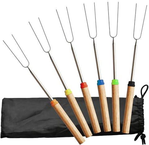 6 bastoncini da barbecue in acciaio inox per esterni, bastoncini per arrostire marshmallow, forchette retrattili per barbecue, elementi essenziali da campeggio, con borsa per riporre carne, hot dog,