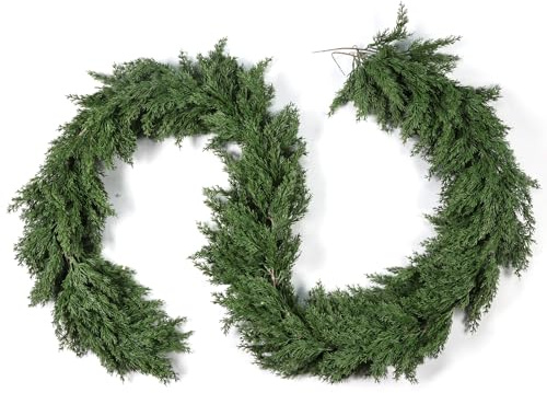 1 Pack Christmas Cedar Artificial Pine Cypress Vines Faux Evergreen Cascade Garland for Indoor Outdoor Table Stairs Winter Decoration (9 ft)