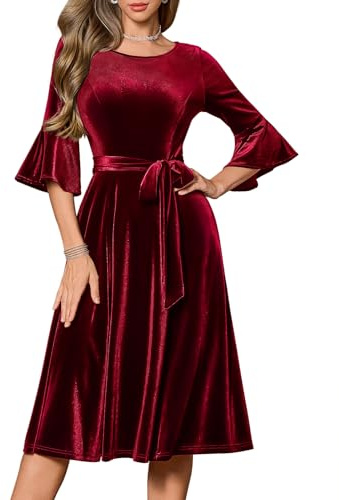 Homrain Damvintageklänningar, bellarm, cocktailklänningar för bröllopsgäst, långärmad, midiklänning för kyrka, aftonklänning, Sammet-mörkröd, S