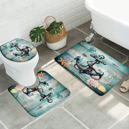 U-Förmiger Teppich Nautischer Anker, Blaugrün, Strand, Küstenseestern, Muschel, Tropisches Meerestier Auf Blauem Holz Wc Vorleger Set 3 Teilig Badteppich-Set 3-Teilig