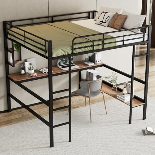 Kebnor Bettgestell Metallbett, Eisenbett mit Schreibtisch, Hochbett mit Vier kleinen Regalen und einem großen Bücherregal für Kinder, Jugendliche und Erwachsene (Schwarz, 140 * 200cm)