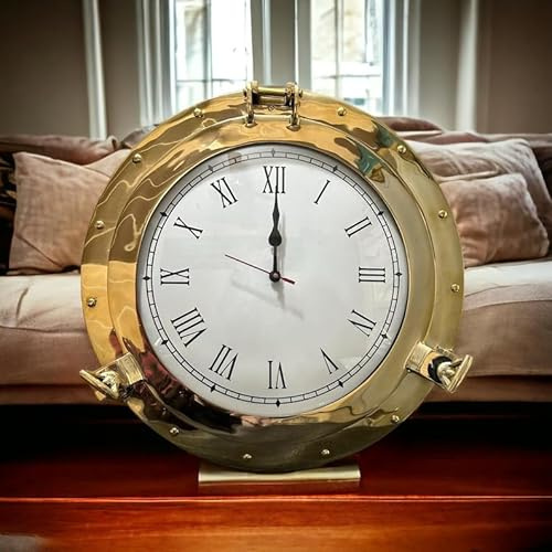 CREATIVEERA Horloge à hublot antique en laiton - Horloge nautique marine silencieuse à piles - Décoration murale à quartz pour la maison et le bureau - 30,5 cm (aluminium, laiton)