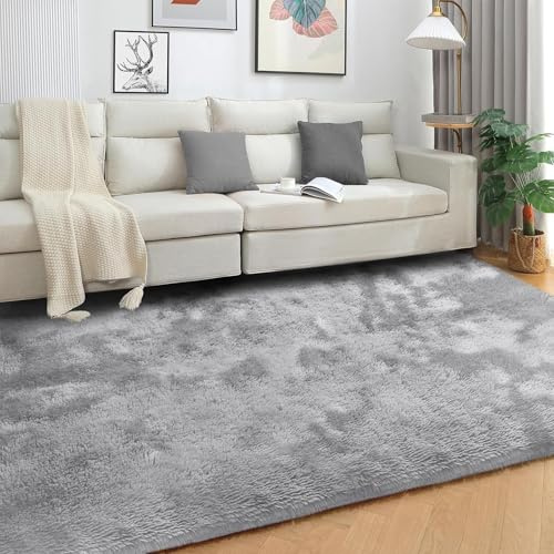 HOKXUAN Hochflor Teppich Wohnzimmer 160 x 300 cm Kurzflor,Anti-Rutsch Rückseite Shaggy Flauschiger Teppich Modernes Einfarbiges Design für Schlafzimmer Kinderzimmer, Hellgrau