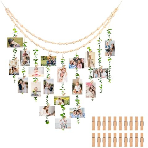 Yabound Bilderrahmen Collagen, Fotowand mit Klammern, Boho Fotorahmen Deko mit Simulierte Eukalyptusblätter und Holz Perlen, Hanging Bilderrahmen für Wohnkultur