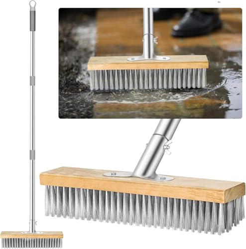 Stainless Steel wire Broom with 50 Long Handle, Patio Cleaner Brush Roof Moss Scraper, Brush Wire for Patio, Deck, Garden