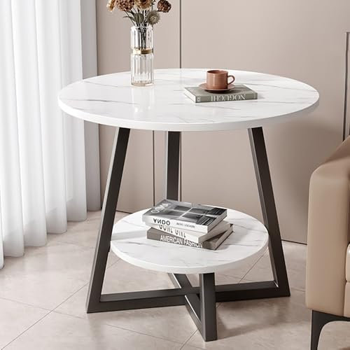 YCBTPS Kaffeetisch Rund, 2 Ebenen Couchtisch Mit Metallgestell, Tragbarer Beistelltisch Für Kleinen Raum, Snacktisch Mit Ablagen, Platzsparender(White)