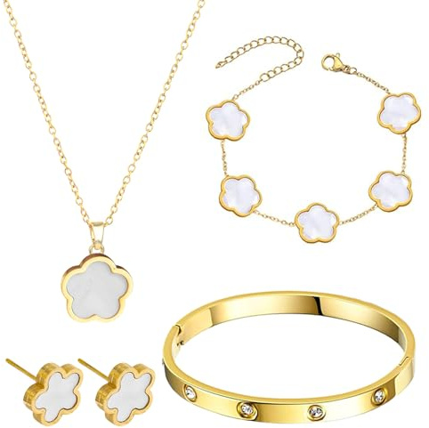 18K Vergoldet Vierblättriges Kleeblatt Armband 4 Stück Schmucksets Für Damen Vierblättriges Kleeblatt armband Verstellbare Glücksbringer Mit Klee Gold Armreif Vierblättriges Glücksklee Schmuckset
