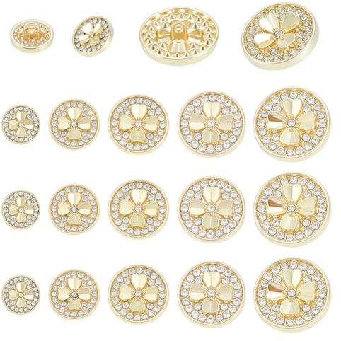 NBEADS 15 Stück 5 Stile Kristall Runde Strass Knöpfe, Flache Runde Schaftknöpfe Aus Legierung Mit 1 Loch Und Kleeblatt Für Hochzeit Party Heimdekoration DIY Schmuckherstellung, Licht Gold