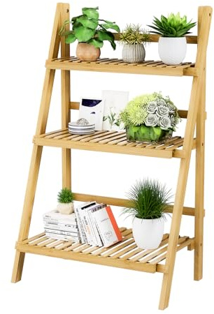 Foldable Ladder Shelf 39.4, Plant Shelf 3 Tier, Bamboo Ladder Flower Pot Display Shelf, Freestanding Ladder Bookshelf for Living Room, Balcony, Yard, Garden, 23.6W x 15D x 39.4H, Natural