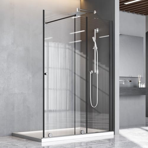Walk in Duschwand Glas 140x185 cm Schiebetüren Dusche Duschtrennwand aus 6mm ESG-Sicherheitsglas Beschichtung Begehbare Duschabtrennung Schiebetür Breite Verstellbar von 90-140cm(Schwarz)