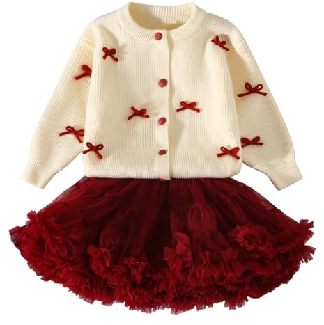semen Toddler Girls Christmas Fall Winter Outfit Bowknot Button Down Long Sleeve Cardigan Sweater Mesh Tulle Tutu Skirts for Special Occasion 3-8 Years