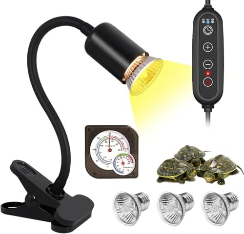 Dhqkqg Lampada Riscaldante per Tartarughe, con 3 Lampadine 25W, 2x50W, Turtle Heat Lamp con Timer e Termoigrometro, per Rettile, Anfibi, Tartaruga, Lucertola, Serpente