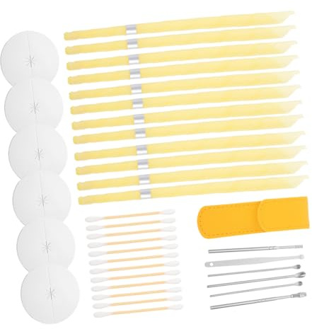 HOODANCOS Kit de Bougies Auriculaires pour Élimination du Cérumen avec Disques de Protection 12 Bougies en Cire d'Abeille Mat Argenté-Jaune 6 Cotons-Tiges et 6 Outils Auriculaires Soin