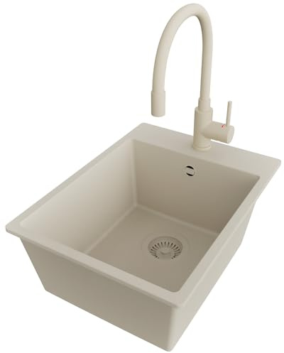 PRIMAGRAN Lavandino da Cucina al Mobile 40cm + Rubinetto, 38x50cm | Set: Rubinetto BW6020 + Kit di scarico + Lavello in Granito a 1 Vasca - Riga, Tutto Beige