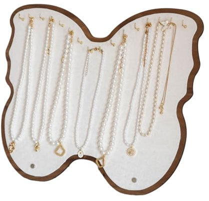 Uqezagpa Schmuckständer aus Holz mit Schmetterlingen, zum Aufhängen an der Wand, für Halsketten, Armbänder, Aufbewahrung mit Leinenstoff, eleganter Schmuckständer in Schmetterlingsform