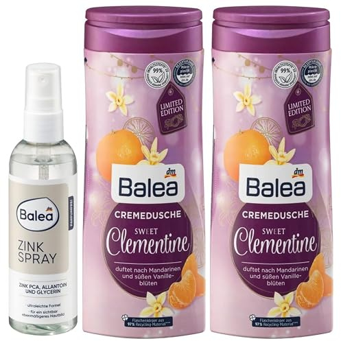 Balea Zinkspray bei unreiner Haut 100ml + Duschgel Sweet Clementine 2x300ml | Hautpflege gegen Pickel, Mitesser & Rötungen, porenverfeinernd & beruhigend + Duscherlebnis mit Duft nach Mandarine & Vanille