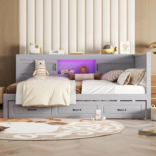 Hmdpoo Cama Sofá Nido con, 140x200cm, Tablero de Partículas, Gris, Marco de Cama Individual con Puerto, Almacenamiento Lateral, Cama Extensible