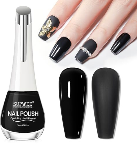 SUPWEE Nagellack Schwarz, Nagellack Schnelltrocknend Lang Anhaltender | Quick Dry Lack Ohne UV Lampe Oil Based Black Nail Polish für Maniküre zu Hause 16ml