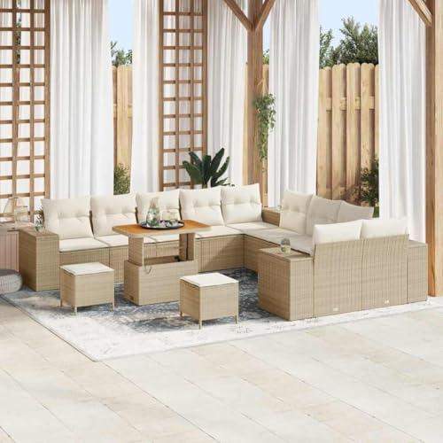 Yunovire Gartensofa-Set 13-teilig, Beige Poly-Rattan, Modulares Loungesofa mit Kissen für Terrasse, Balkon, Außenbereich, Wetterfestes Gartenmöbel-Set