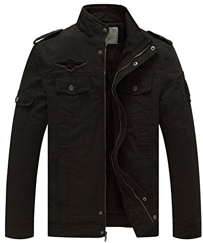 WenVen Giacca Militare Primavera Cappotto Casual Antivento Giubbotto in Cotone da Lavoro Outdoor Parka Mezza Stagione Fordera Imbottita Uomo Nero M