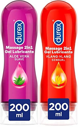 Durex Lubricante Play Massage 2 en 1 Gel de Masaje Corporal Erótico y Estimulante Ylang-Ylang y Aloe Vera, 2 x 200 ml - Total : 400 ml