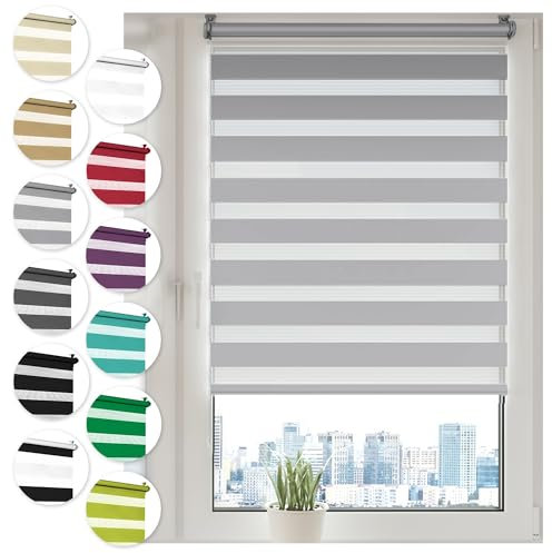 Doppelrollo Klemmfix ohne Bohren 55cm x 210cm Grau Duo Rollo Klemmrollo Sonnenschutzrollo Fensterrollo für Fenster & Türen Zebrarollo Seitenzugrollo