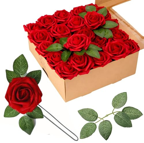 RCZ Décor Foam Includes: 50 Roses with Stems and 20 Leaves, Dark Red