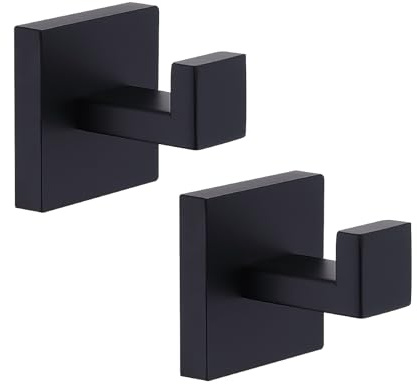 TASTOS Bath Towel Hooks Matte Black, 2 Pack Stainless Steel Robe Coat and Clothes Hook, Heavy Duty Wall Hook for Bathroom & Kitchen, Modern Square Style Wall Mounted (Black)