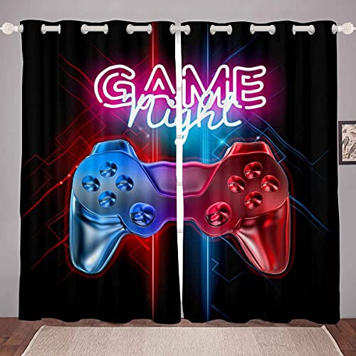 Tbrand Boys Games Curtains Gamer Window Drapes for Teens Kids Men Black Modern Video Game Controller Window Treatments Cool Blue Red Action Buttons W66*L90