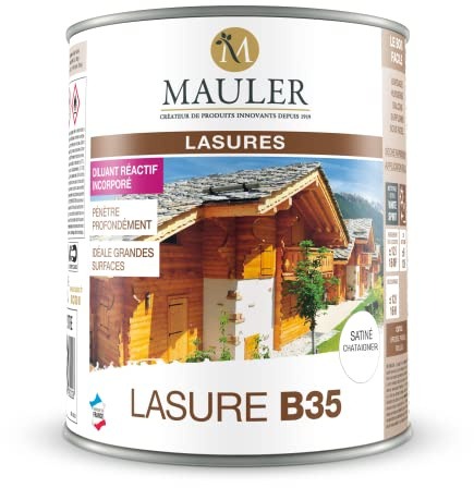 Lasure professionnelle pour bois extérieur - 1L Satiné Chataignier/Chêne Moyen - Protection UV et intempéries - Lasure B35 Mauler | Ne s'écaille pas - Structure Semi Gélifié Anti Coulure - Climat Extrême - Qualité Professionnelle depuis 1919