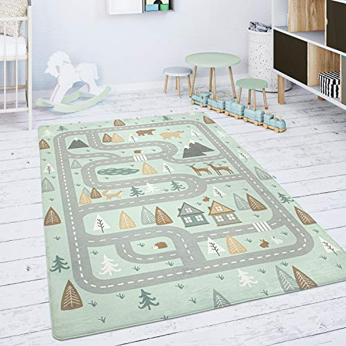Paco Home Spielmatte Kinderteppich Teppich Kinderzimmer rutschfest Modern Straße Bär Elch Bäume Grün Grau, Grösse:120x160 cm