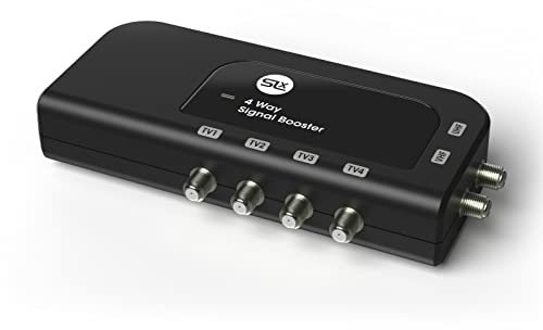 SLx TV Signal Booster Aerial Amplifier, 4 Way Signal Distribution Amplifier with F-Type Connections, 4G & 5G Filtering, Indoor TV Aerial, HD TV/FM/DAB, Auto Line Powering, Improved Energy Efficiency
