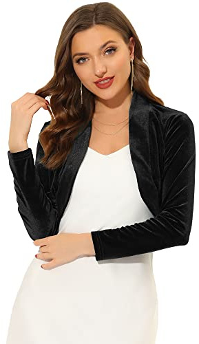 Allegra K Women's Long Sleeve Velvet Shrug Cocktail Party Open Front Cropped Bolero Cardigan Top Medium Black