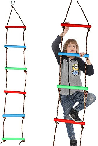 BUBBLEBAY Strickleiter Kletterleiter für Kinder Kletterseil Hängeleiter Kunststoff Klettergerüst für Garten 2 Meter Belastbar bis 80 kg