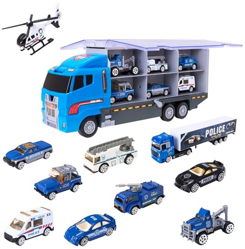 Teamsterz Polizeiauto Transporter Spielset | Spielzeug Polizei Autos LKW und Polizeifahrzeuge | Sandkasten-Spielzeug | Spielzeugauto Launcher | Autos Lagerung und Rampe | Auto Spielzeug 3 Jahre