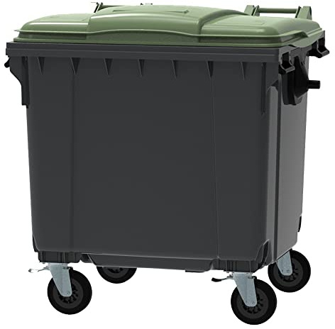 ESE France Conteneur Poubelle à déchets 4 roues - 1100L - Robuste et Professionnel - 100% Recyclé - Gris avec Couvercle Vert