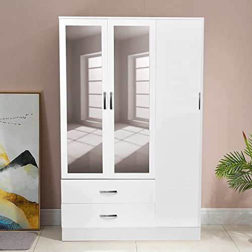 PALAKLOT High Gloss 3 Door Mirrored & 2 Drawer Wardrobe | Modular Cabinet for Space Saving | Ideal Storage Organizer (White)