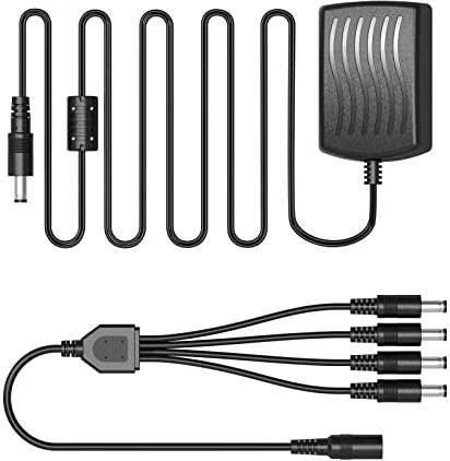 SANNCE DC12V 2A UK Plug Power Supply Adapter & 1 to 4 Power Splitter Cable | Surveillance 2A 2000mA Max AC to DC 12V Power Adapter with 1 to 4 Way DC Power Splitter Cable 330mm for CCTV Security System