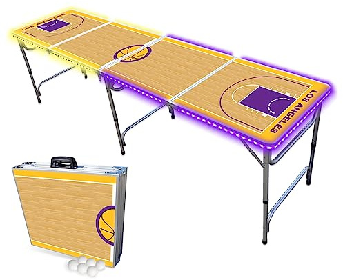 8-Foot Professional Beer Pong Table w/LED Lights - Los Angeles Lakeshow Basketball Court