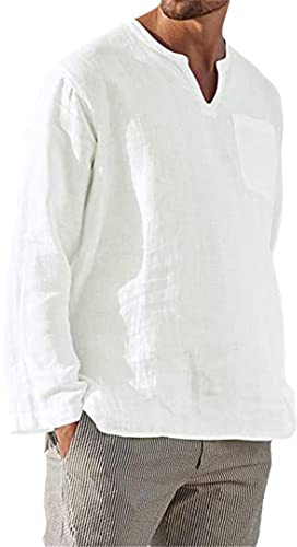 Rfmfkkg Camisas de lino de algodón negro para hombre, camisas Henley de manga larga con cuello en V, camisa casual de playa