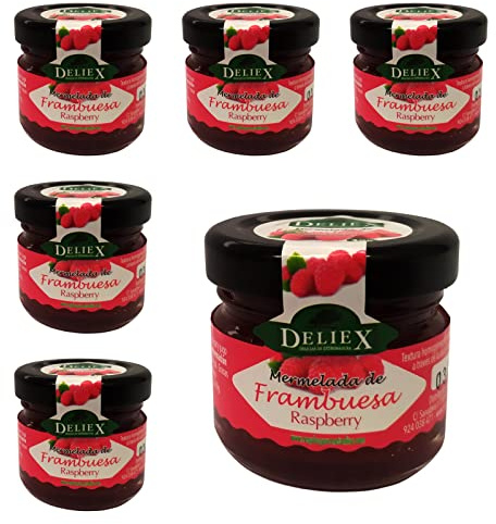 Deliex delicias de Extremadura.30 Mermeladas pequeñas sabor frambuesa. Miniaturas de mermeladas en cristal 30 gr para detalles a invitados en bodas, comuniones, bautizos (Frambuesa, 30 Tarros)