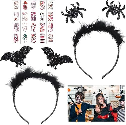 Fledermaus Haarreif Damen Halloween, Spinne Haarreif Vampir Hexe Halloweenkopfschmuck Damen mit Tattoo Aufkleber, Spinnen Fledermaus Haarreif für Halloween Karneval Kostüm Party Maskenball