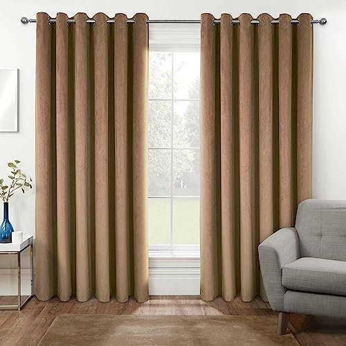 HOMESCAPES Beige Velvet Blackout Curtains 46 x 54 (117 x 137 cm) Eyelet Thermal Insulated Curtains with 100% Ultra Blackout 3 Pass Coating Fully Lined Readymade Curtains