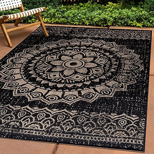 Carpettex Outdoor Teppich Wetterfest 120 x 170 cm Sisal Optik Schwarz - Ideal für Balkon, Garten, Terrasse und als Küchenteppich - In&Out Teppich Waschbar, Flachgewebe, Pflegeleicht, Vintage Design