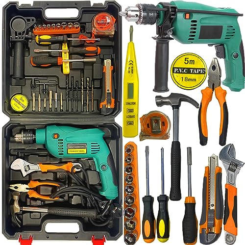 Retoo Bohrschrauber Set 33-teilig, Schlagbohrmaschine 2200W, 0-3800 U/min, 220V Elektro Werkzeugkoffer mit 33 Bitaufsätzen, für Haushalt, Garage, Reparatur, Wartung – Stahlmaterial, kompakt (27x18cm)