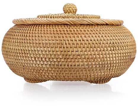 TOLIDA Gewebtes Aufbewahrungsbox aus Ratten mit Deckel, Natürliches Korb für Brot Gemüse Obst Lebensmittel Schlüssel Kabel Fernbedienung Brille als Obst-/Snack-Korb Schreibtisch-Organizer Geschenk