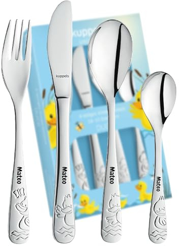 Schmalz Kuppels Kinderbesteck „Duck“ mit Namensgravur – 4-teiliges Edelstahl-Besteckset für Jungen und Mädchen ab 3 Jahren, personalisiert (Duck)