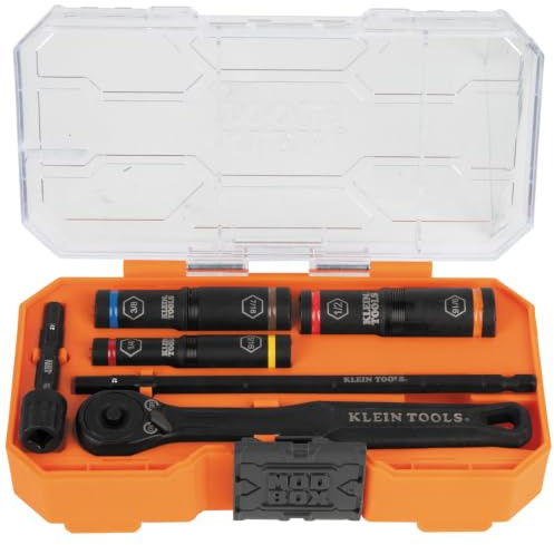 Klein Tools 65238 KNECT Schlag-Steckschlüssel-Set, tiefer Steckschlüsselsatz mit Schraubenschlüssel, 3 robuste, farbcodierte Klappstecknüsse, 6 SAE-Steckschlüsselgrößen, Ratsche, Mehrzweck-Adapter und