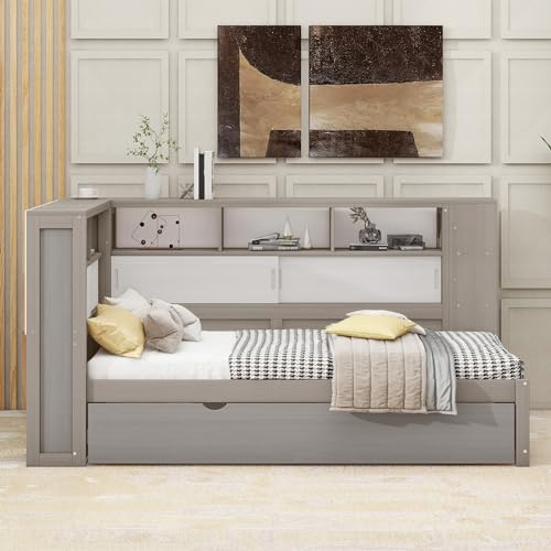 Soweiz Kinderbett, 90x200cm(90x190cm) Plattformbett mit Ausziehbett, Plattformbett mit Staufach mit USB (Grau), Langlebig und Stabil