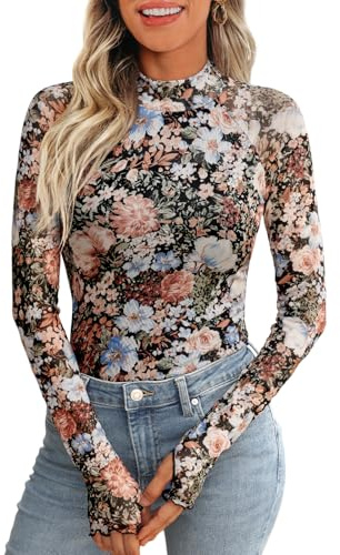 Dealmore Lace Sheer Long Sleeve Floral Mesh Mockneck Trendy Cute Going Out Tops for Women Fall Fashion Outfits 2025 Clothes Floral Fierce S